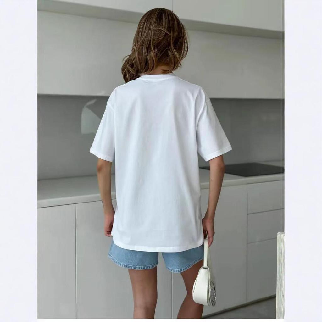 T-shirt Blanc Imprimé Coton Manches Courtes Casual Mignon pour Femme - Été Coupe Ample, Polyvalent, Anti-Âge