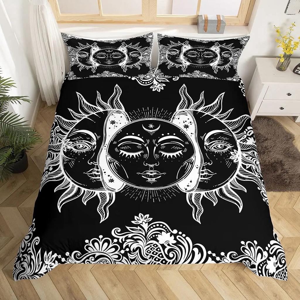 Mandala Duvet Cover Set Sun And Moon Comforter Cover Ties Exotic Style Black And White Botanical Floral Polyester Bedding Set