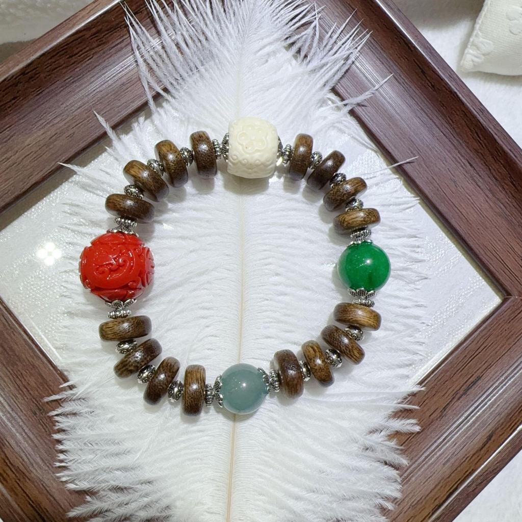 Original Chinese Agarwood Multi-Treasure Bracelet for Women - Natural Wood Beads, Retro High-End Style
