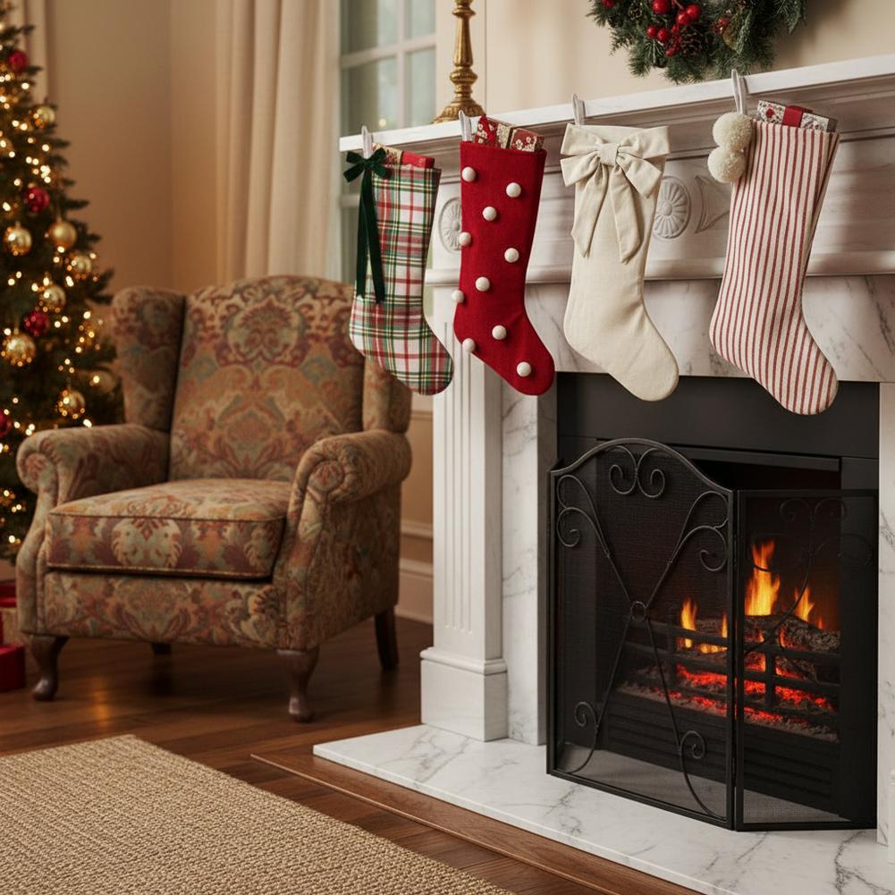 4-Pack Rustic Plaid Christmas Stockings With Bow & Pom-Pom Holiday Fireplace Mantel Decor Candy Bags Farmhouse Home Decoration