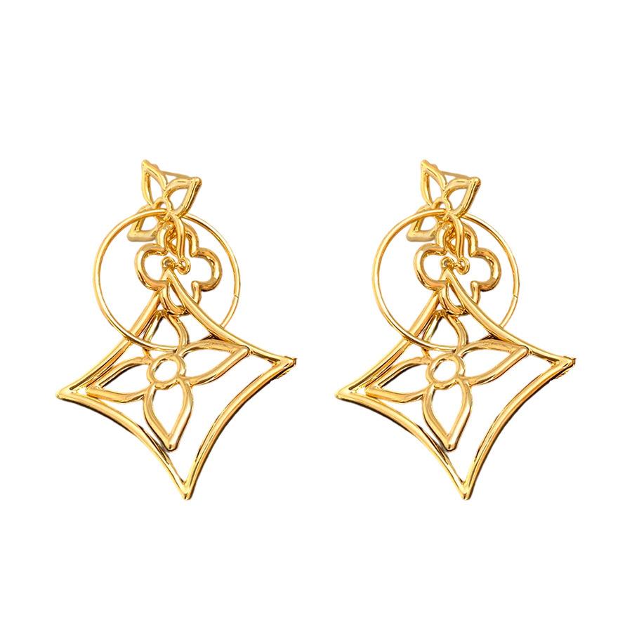 18K Gold Plated Rhombus Floral Earrings with Silver Needle - Stylish Metallic Design for Women
