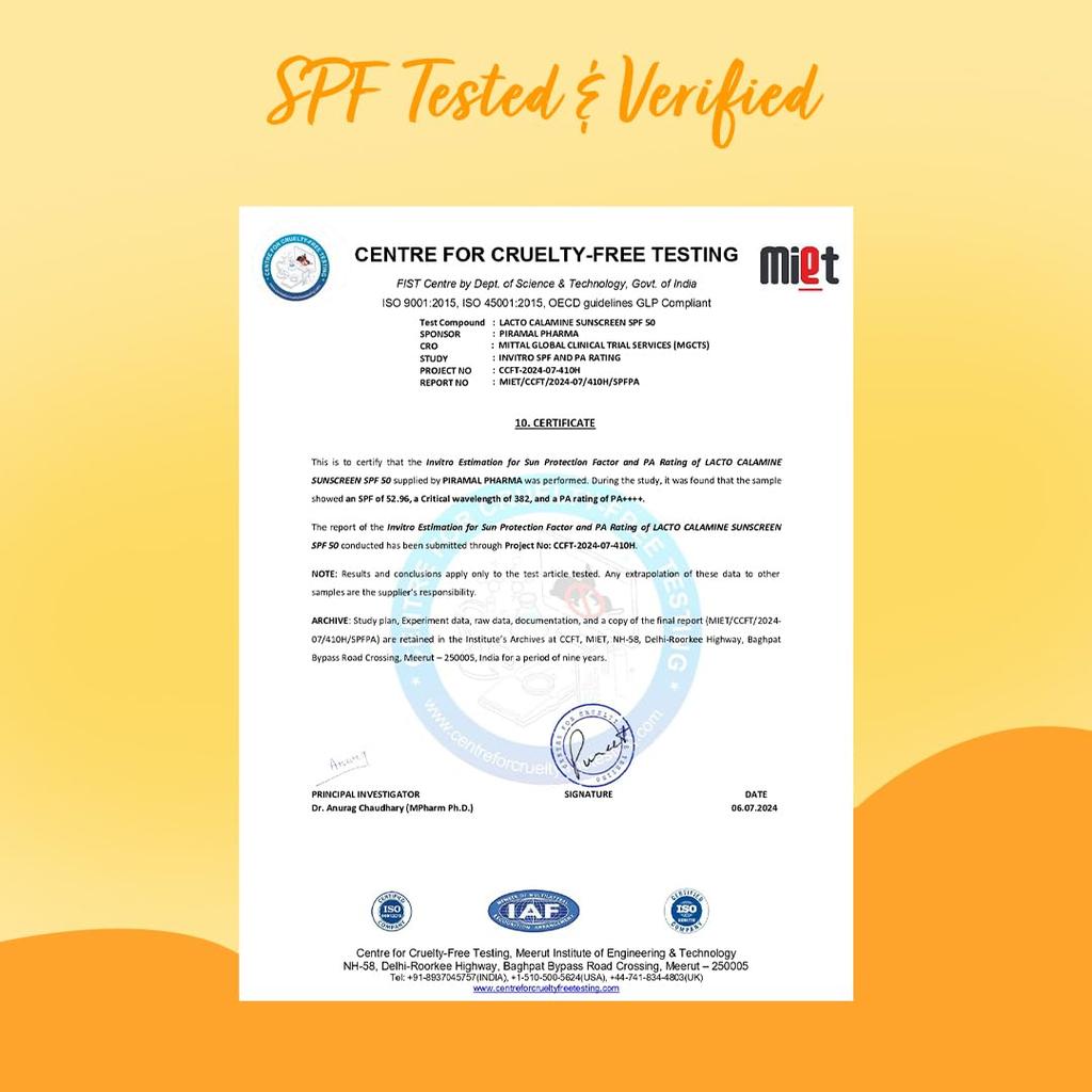 Lacto Calamine Sunscreen SPF 50 PA+++ For Oily Skin Matte Finish Water Resistant No White Cast UV Protection 100 g