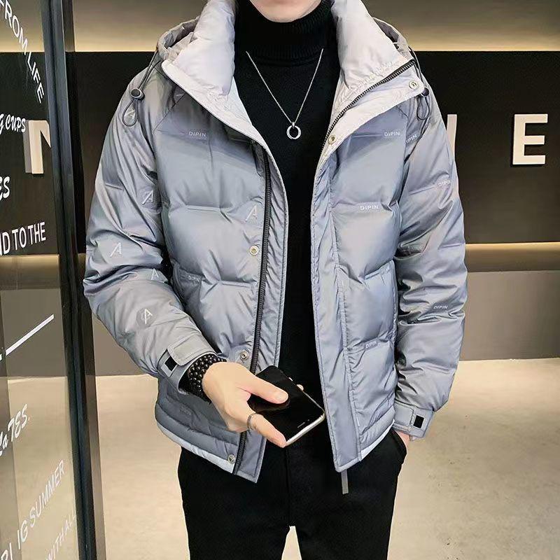 

Men s Korean Style Hooded Printed Down Jacket - Thick, Warm & Trendy Winter Outerwear 2XL (Recommended weight 135-150 kg) сірий колір