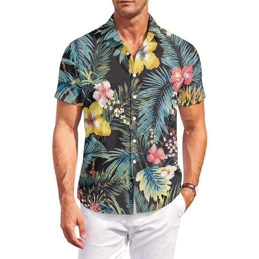 Men's Casual, Loose-Fit Short-Sleeve Shirt With Hawaiian Print