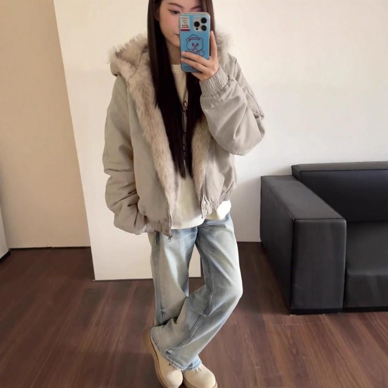 American Style Clean Fit Fluffy Hooded Parka Cotton Padded Jacket Couple Winter Thick Short Workwear Coat