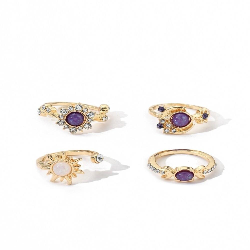 Shiny Sun Moon Ring Set Vintage Gold Tone Adjustable Finger Jewelry Retro Stackable Rings  Teenager