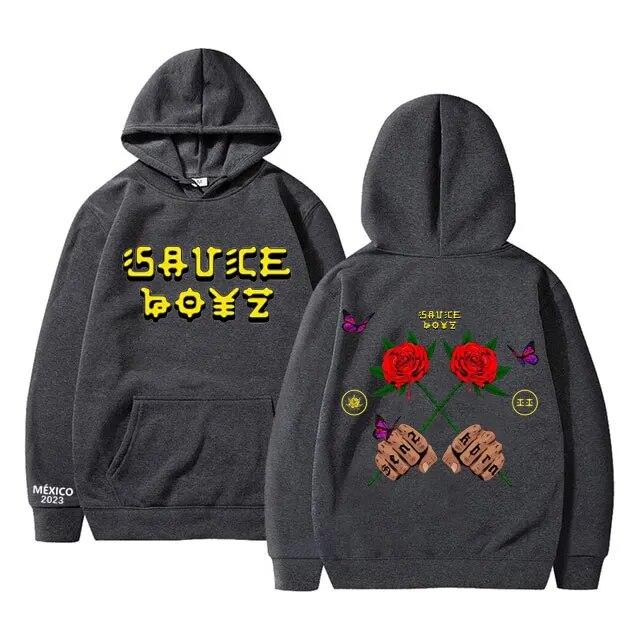 Moletom com capuz estampado de álbum de música Sauce Boyz, rapper americano Eladio Carrion, flor rosa, moletom com capuz unissex, moda feminina, tops grandes