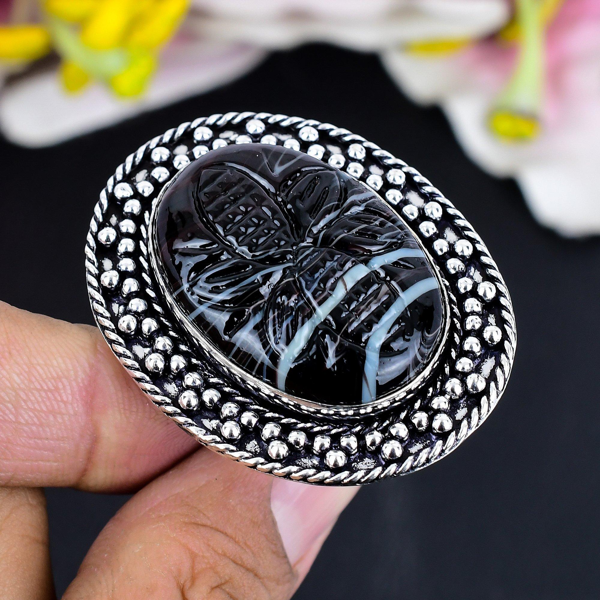 

Black Sulemani Hakik Gemstone 925 Sterling Silver Jewelry Ring Size 8.5 KG-1684