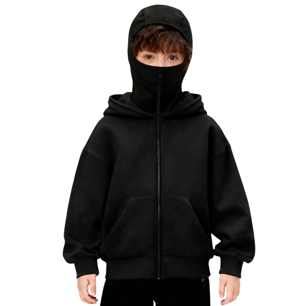 Jongens Winter Hoodie Sweatshirt Met Gezichtsmasker Rits Winddicht Warm Sportjack Met Zakken Casual Hooded Jassen