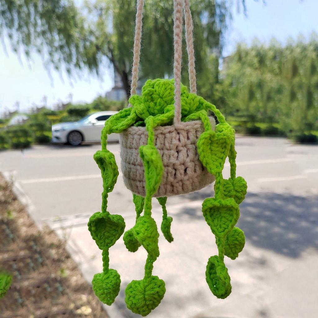 Boho Car Plant Crochet Hanging Basket Ornaments Hand Knitting Potted Hanging Plant Rear View Mirror Pendants Car Decoration
