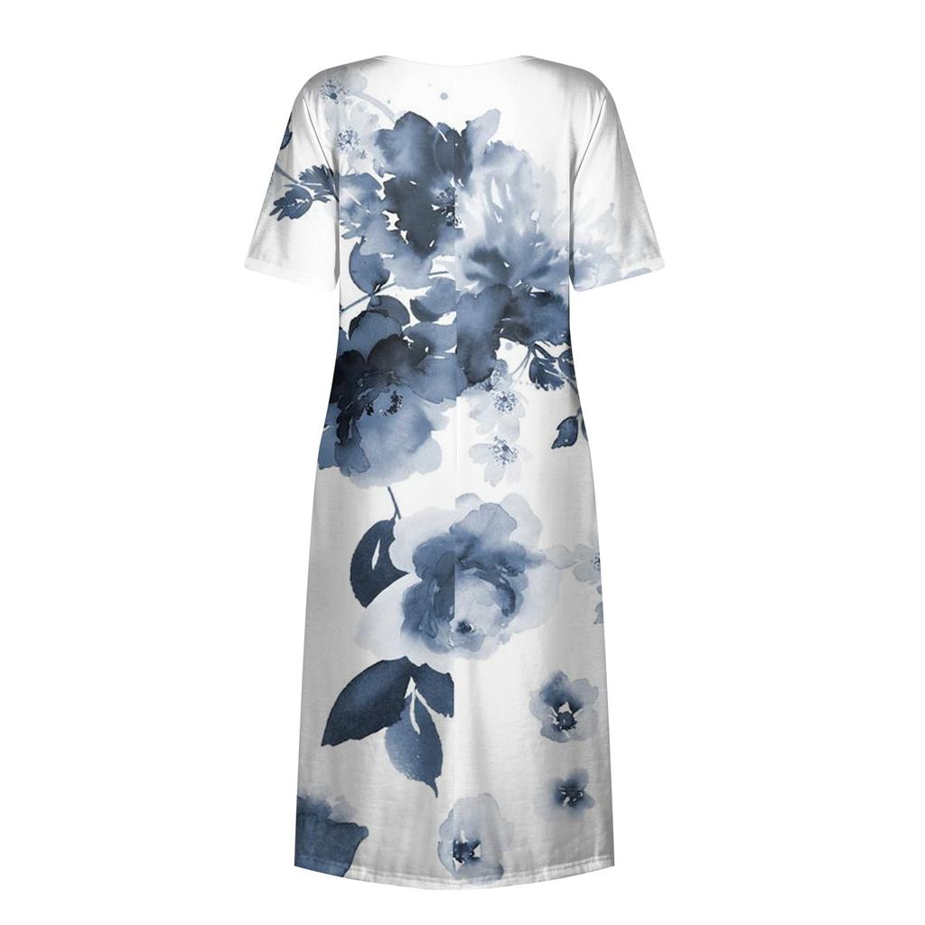 Damen-Freizeitkleider, bedruckte Kleider, Sommerkleider, bedruckt, plissiert, Rundhals-Midi-Kleider, Basic, klassisch, Outdoor, täglich, kurzärmelig, lockere Kleider