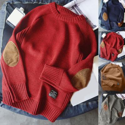 Herren Pullover Einfarbig Gestrickter Pullover Rundhalsausschnitt Patchwork Ärmel Winterpullover für den Alltag