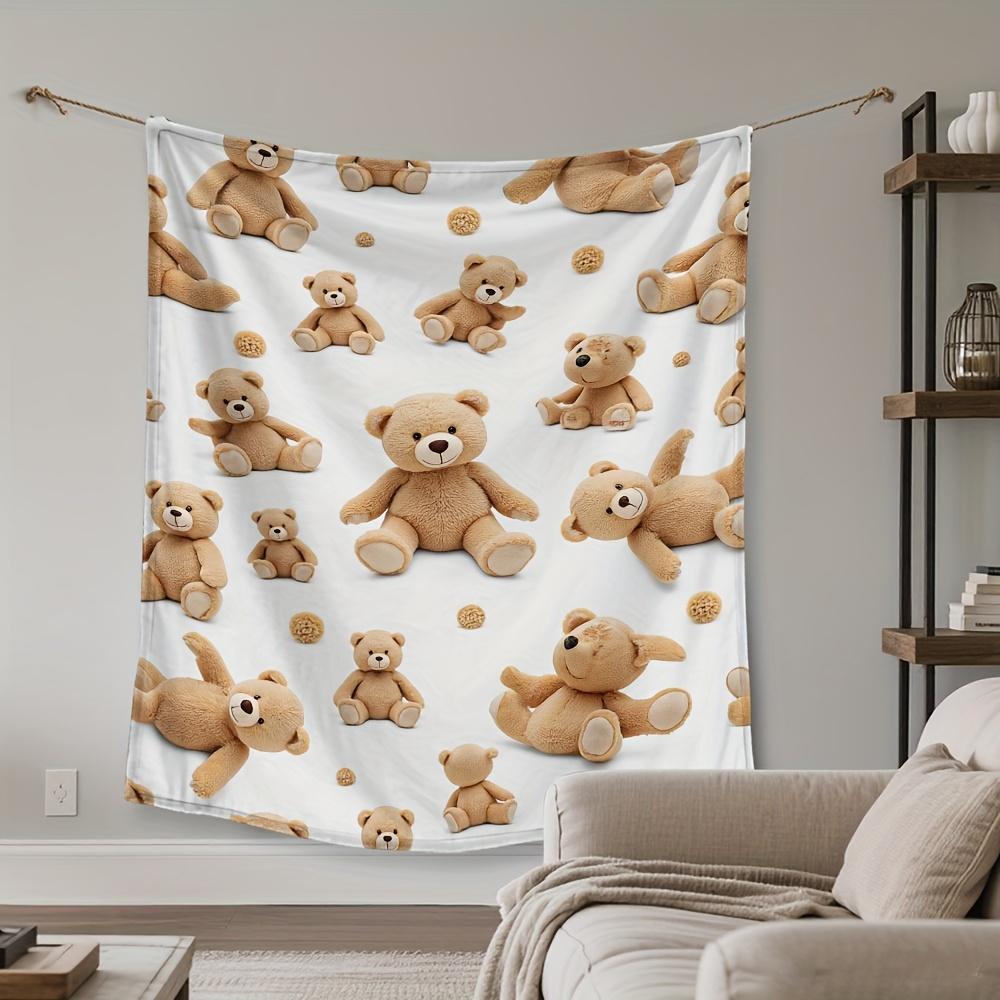 1Pc  Cute Brown Teddy Bear Print Flannel Throw Blanket Soft Cozy Warm Blanket For Bedroom Living Room Home Decor