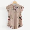Women Casual Round Neck Basic Floral Pleated Top Cap Short Sleeve Shirt Blouse