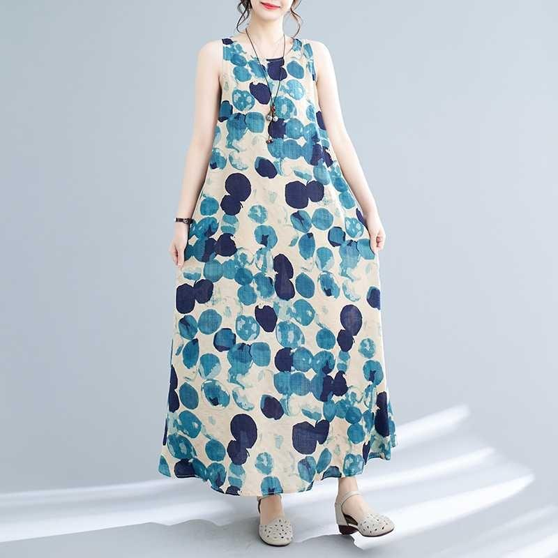 Long Skirt Summer New Sleeveless Round Neck Printed Mid Length Dress