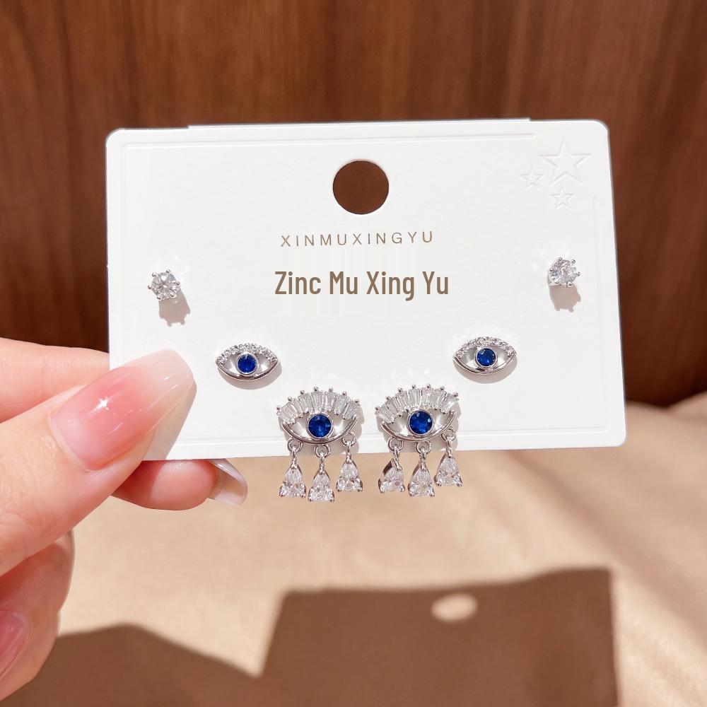 Fashionable Evil Eye Stud Earrings: 925 Silver, High-End Luxury, Three Pairs per Card.
