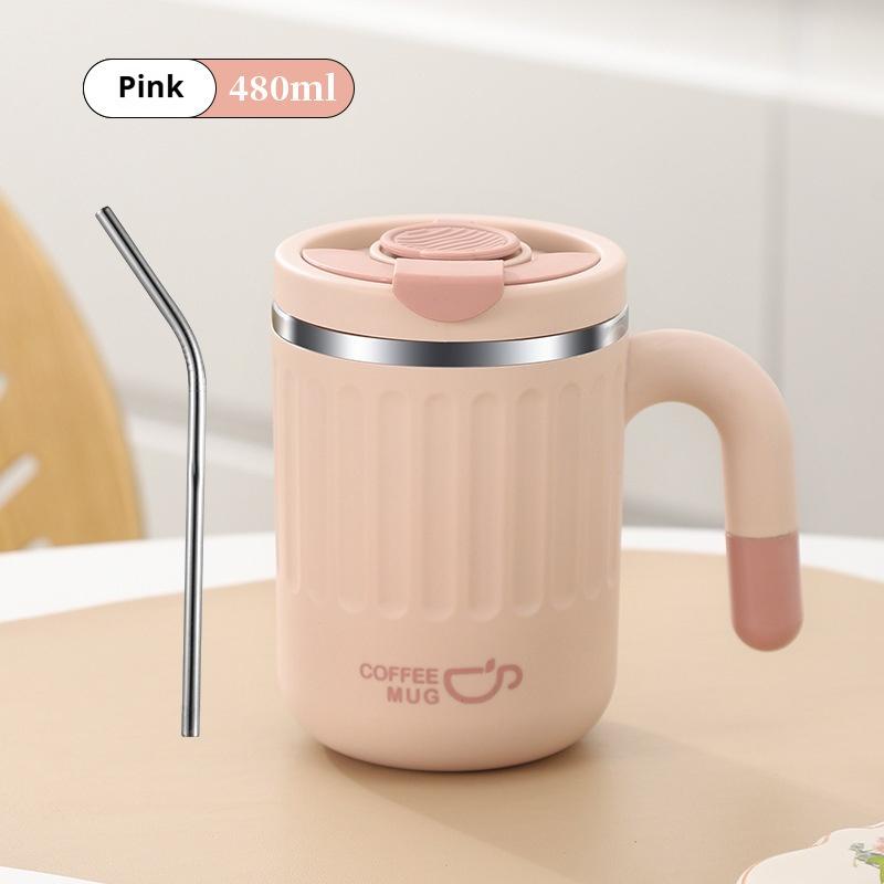 480ML Leakproof Thermo Mug with Handle 304 Stainless Steel Coffee Mug with Straw Double Wall Vacuum Water Cup Travel Milk Cup