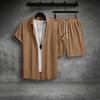 Men's Summer Solid Color Stripe Casual Fashion Loose Short-Sleeved Shorts Shirt Suit