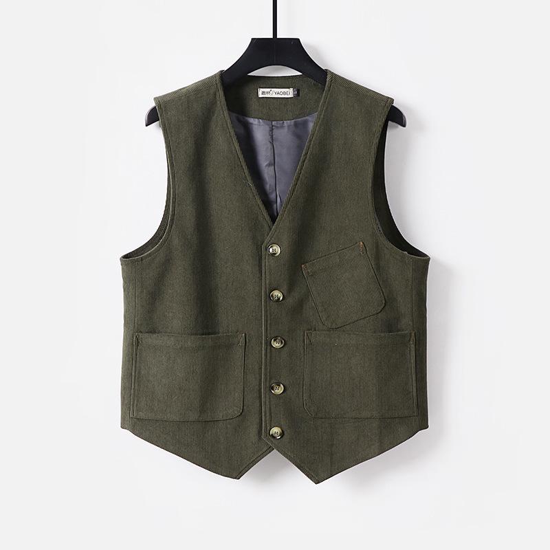 Men's Retro British Plus Size Multi-Pocket Corduroy Herringbone Vest