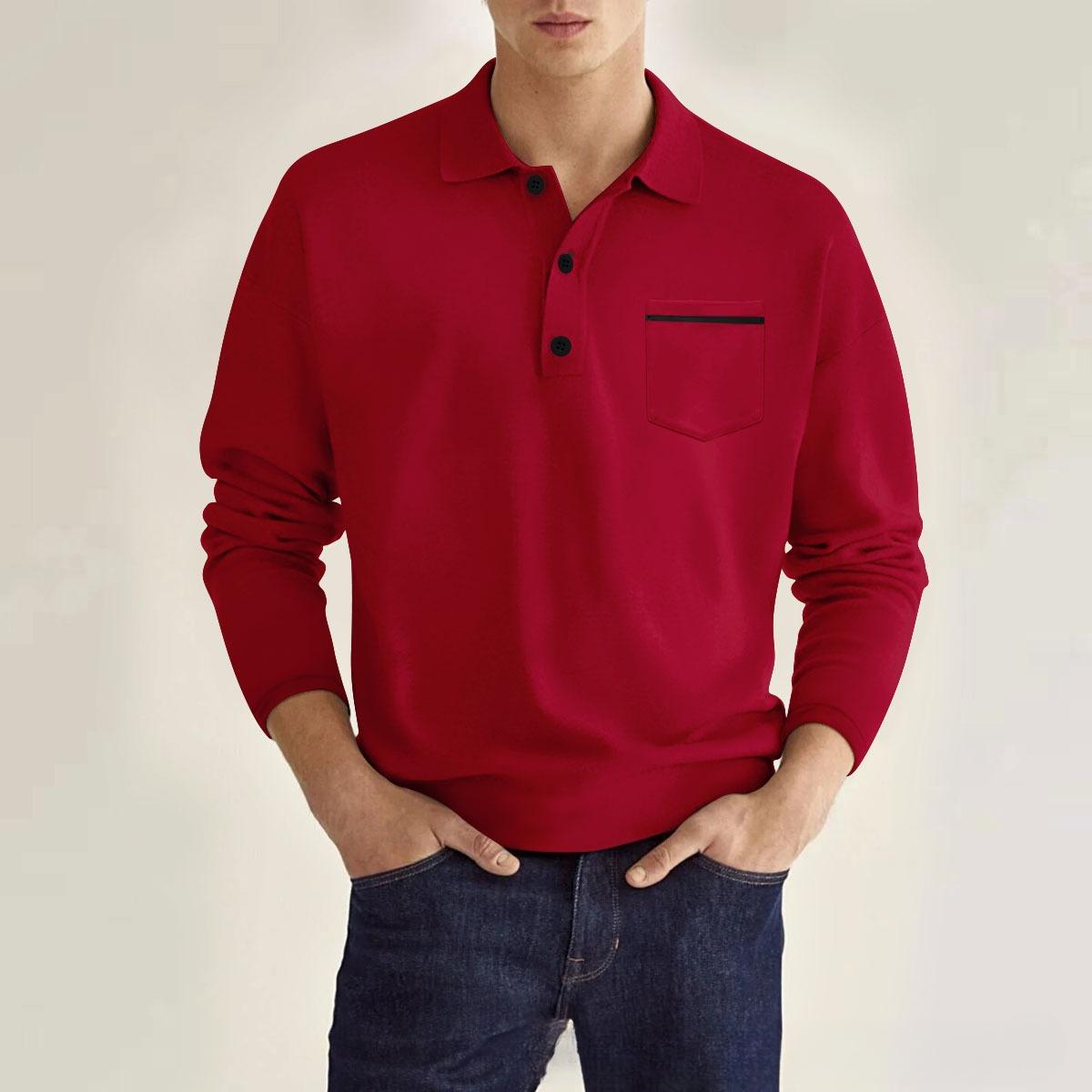 

Men s Spring Autumn Long Sleeve Polo Shirt, V-Neck Button Casual Top with Real Pocket, Slim Fit Pullover Shirt XXXL вина червоного кольору