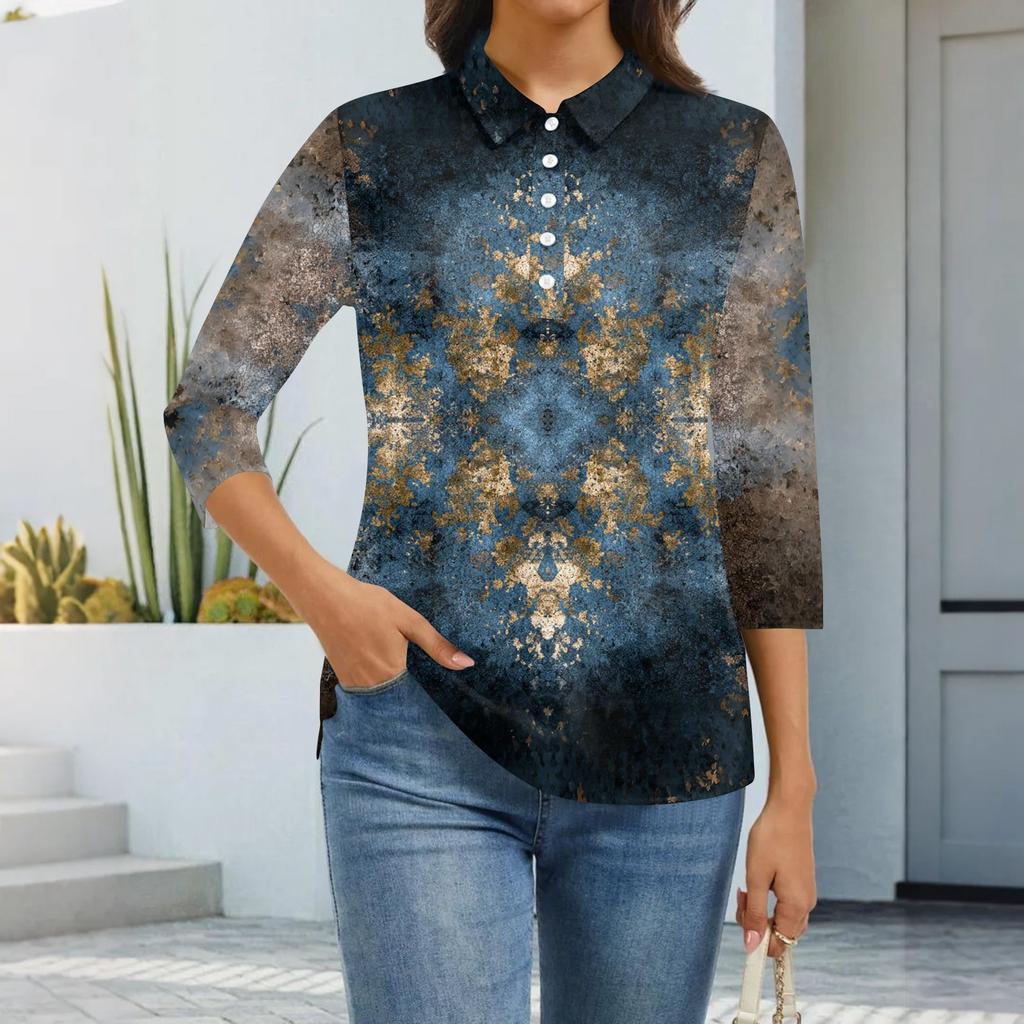 Dámská móda Ležérní klopa Krátký 3/4 rukáv Potisk Košile Dámské zapínací topy