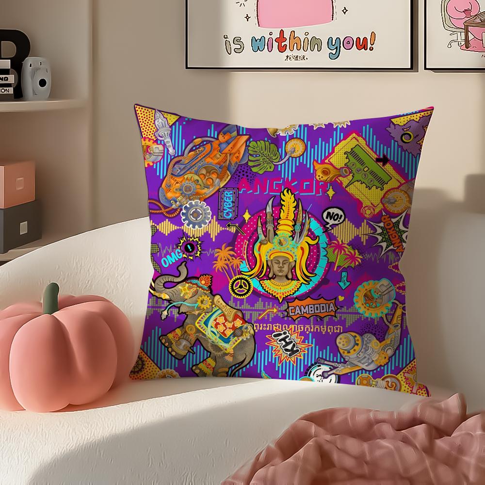 Cambodian Buddha Print Art Cushion Cover Pillowcase Short Plush Invisible Zipper Room Sofa Cushion Cover