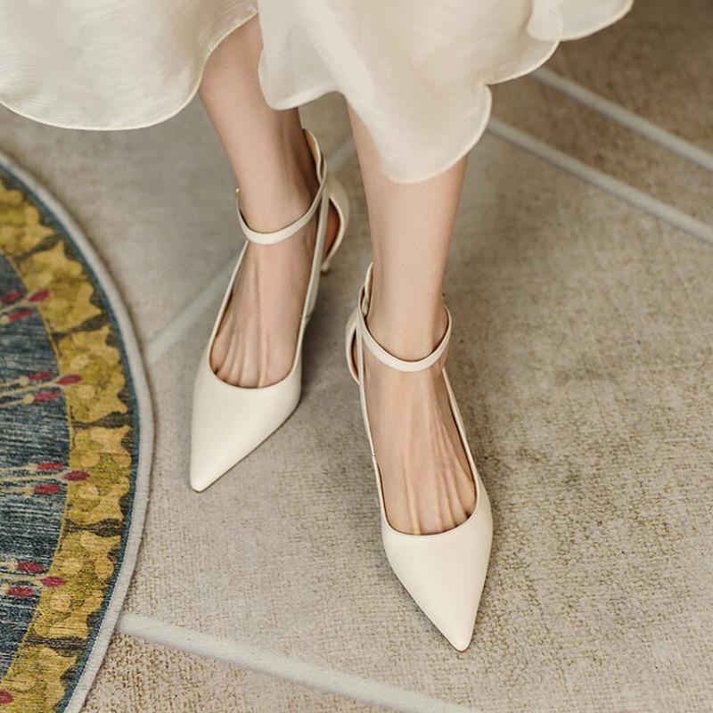 Mode Frühling Sommer 2024 Neue Beliebte Damen Schuhe Khaki Spitz Zehenbereich Dünner Absatz Riemchen High Heels Lässige Ballerinas Gummimaterial