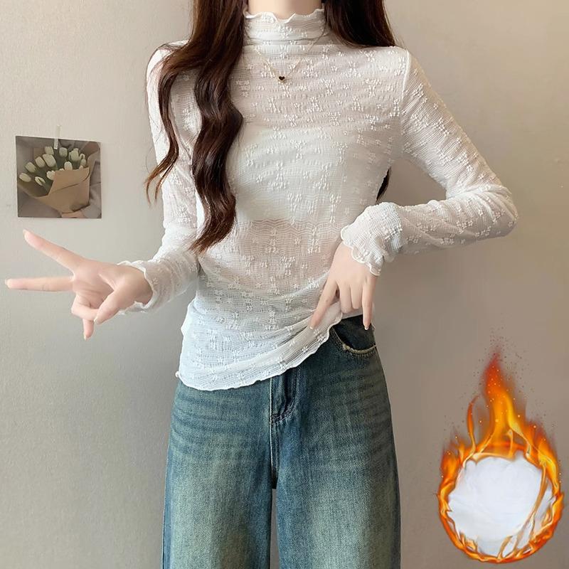 Half turtleneck, slim long-sleeved bottoming shirt, T-shirt for women, autumn and winter lace fungus edge, velvet and thickened layered inner top