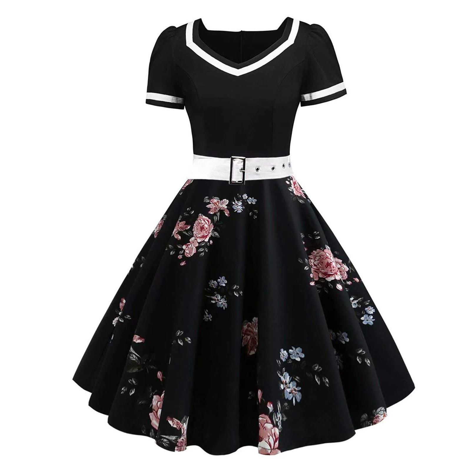 Women s Fashion Casual Slim Fit Printed V-Neck With Belt Short Sleeve Dress L чёрный