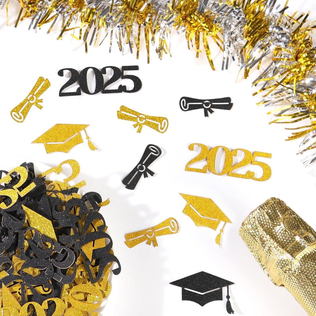 100pcs Graduation Confetti for Table 2025 Large Glitter Black Gold Grad Confetti Graduation Party Table Decorations