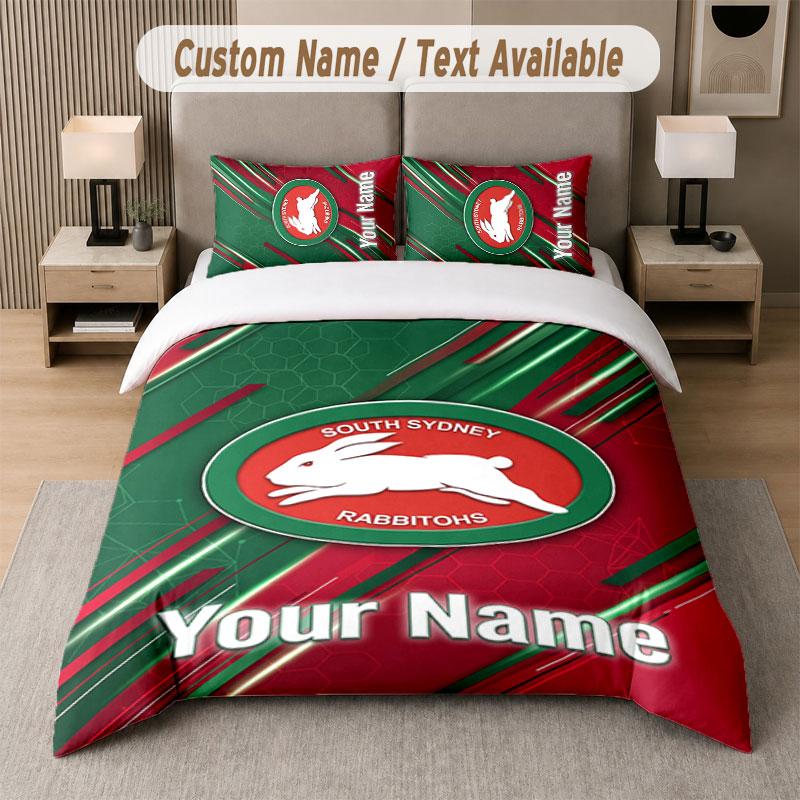 Set Biancheria da Letto Personalizzato Modello South Sydney Rabbitohs, Stampa Nome Testo 1 Copripiumino più 2 Federe Tessile per la Casa