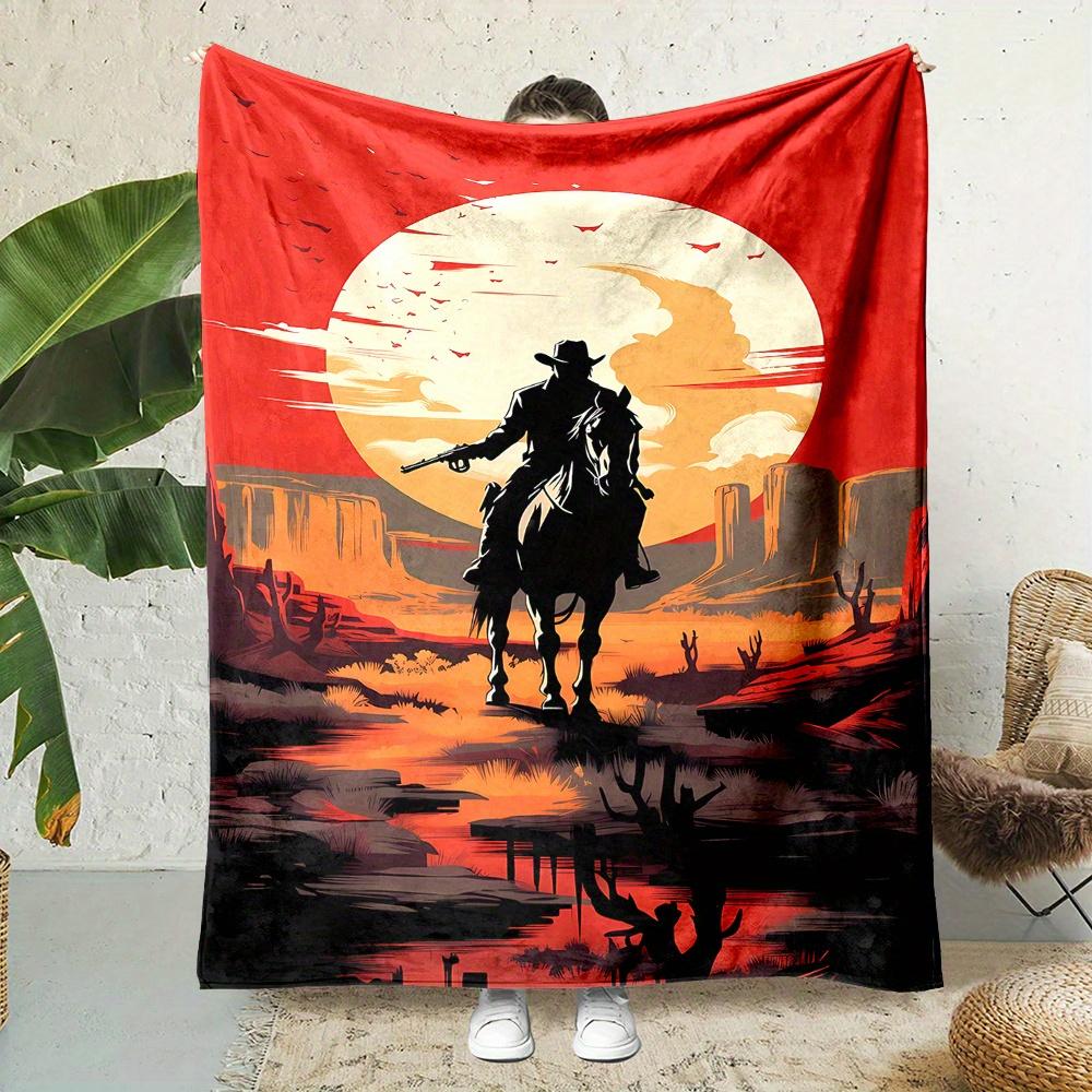 Western Cowboy Horse Sunset Desert Print Flannel Blanket Soft Lightweight Throw Blanket for Sofa Bed Couch All Season Cozy
