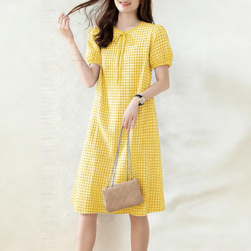 

ZANZEA Women Grid Print Casual Round Neck Summer Short Sleeve Dress 5XL жовтий