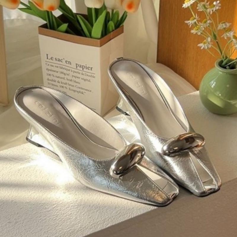Fashion Square Toe Women Slippers Mules Sandals High Heels Shoes Woman Loafers 2025 Trend Designer Summer Shallow Soft Leather Slides