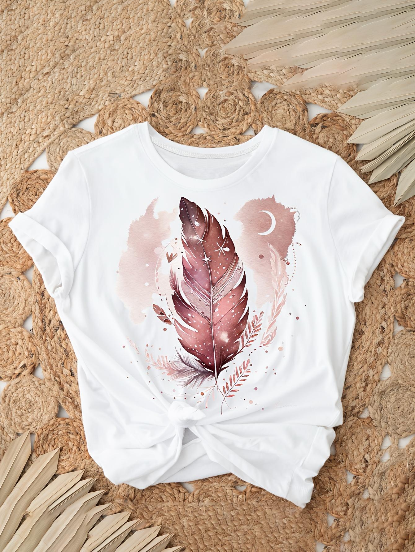 

Bohemian Tropical Print T-Shirt - Retro Watercolor & Moon Design, Soft Pink & Golden Accents, Breathable Round Neck 4XL