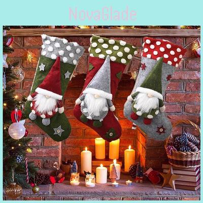 Festive Gnome Santa Claus Christmas Stocking Large Size Candy Gift Bag Holiday Decor