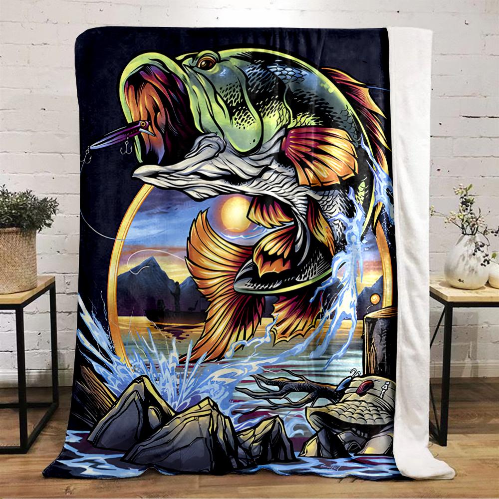 Vibrant Jumping Bass Fish with Lure Design Flannel Blanket for Bedroom, Living Room, Sofa, and Nap Sofas.