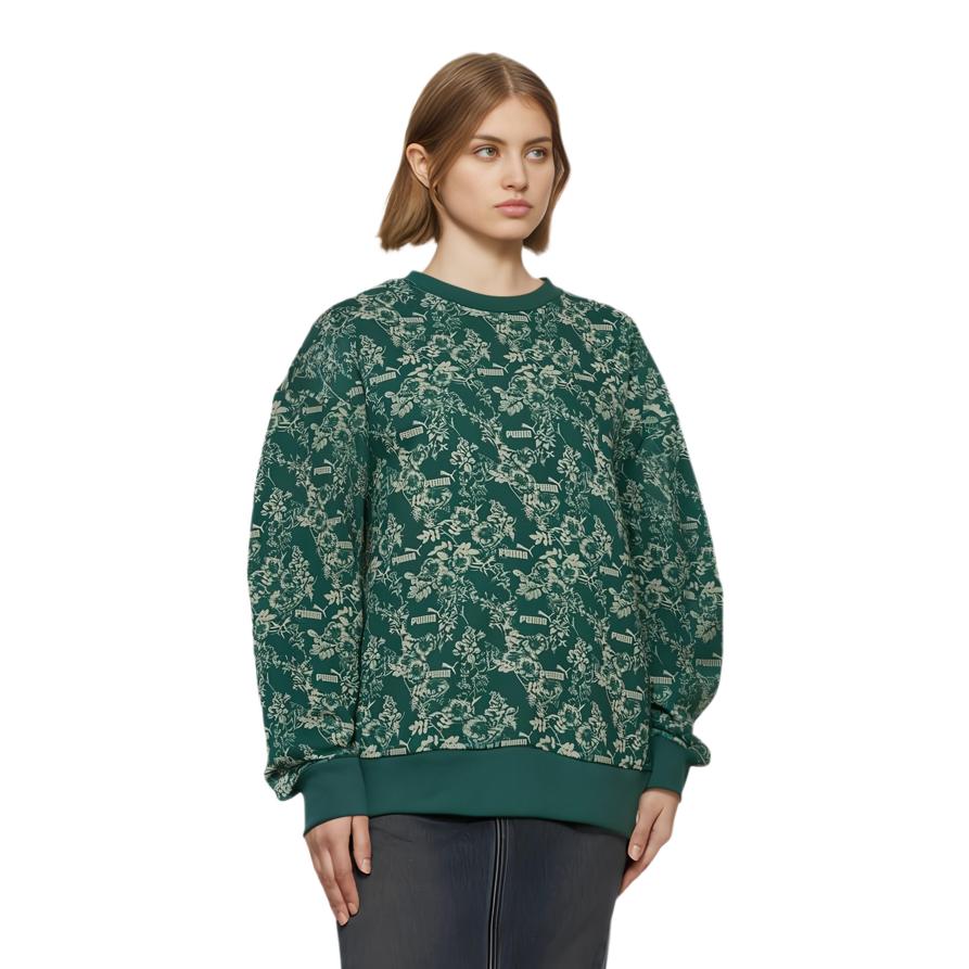 Puma All Over Print Casual Loose Round Neck Warm Sweatshirt Women Sweatshirt Dark-Green 680154-43