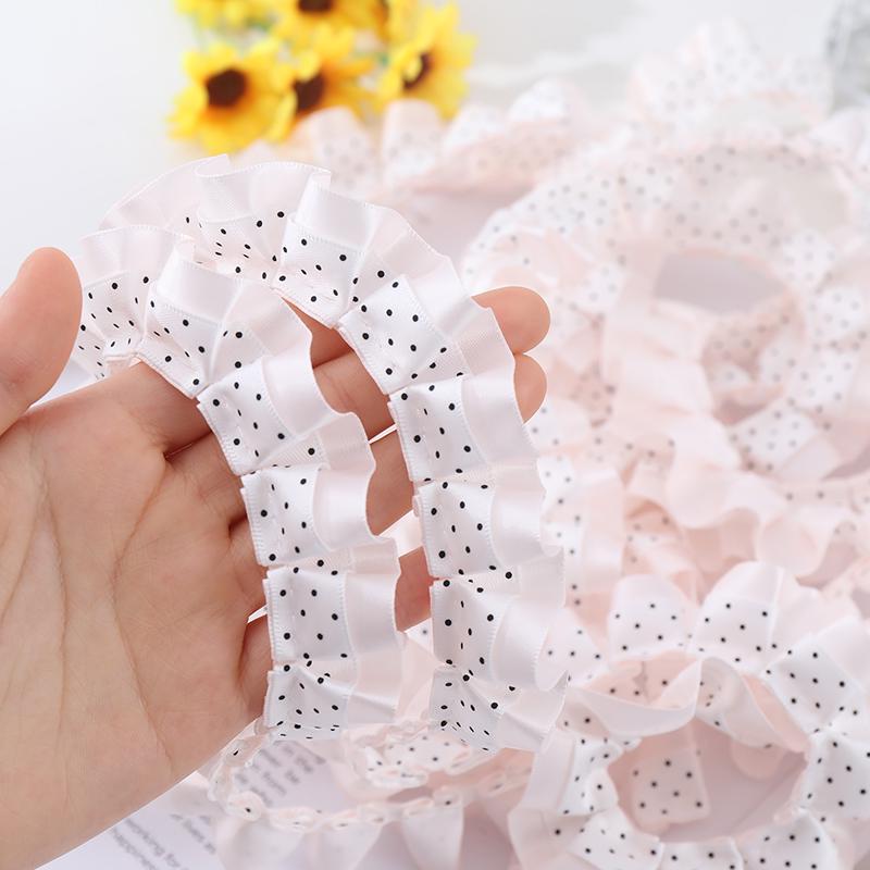 2.5cm Double-Sided Black Polka Dot Satin Ribbon with Double Layer Pleated Lace for DIY Doll Dress Hem Accessories