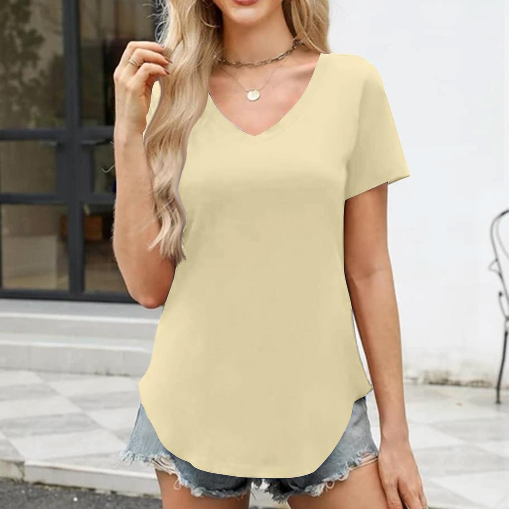 Women's Loose Comfortable Casual And Fashionable V-neck Knitted Solid Color Top Short Sleeved T-shirt