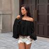 Womens Off Shoulder Long Sleeve Top Lantern Tie Waist Loose Fit 2025 Street Style Sexy Solid Color