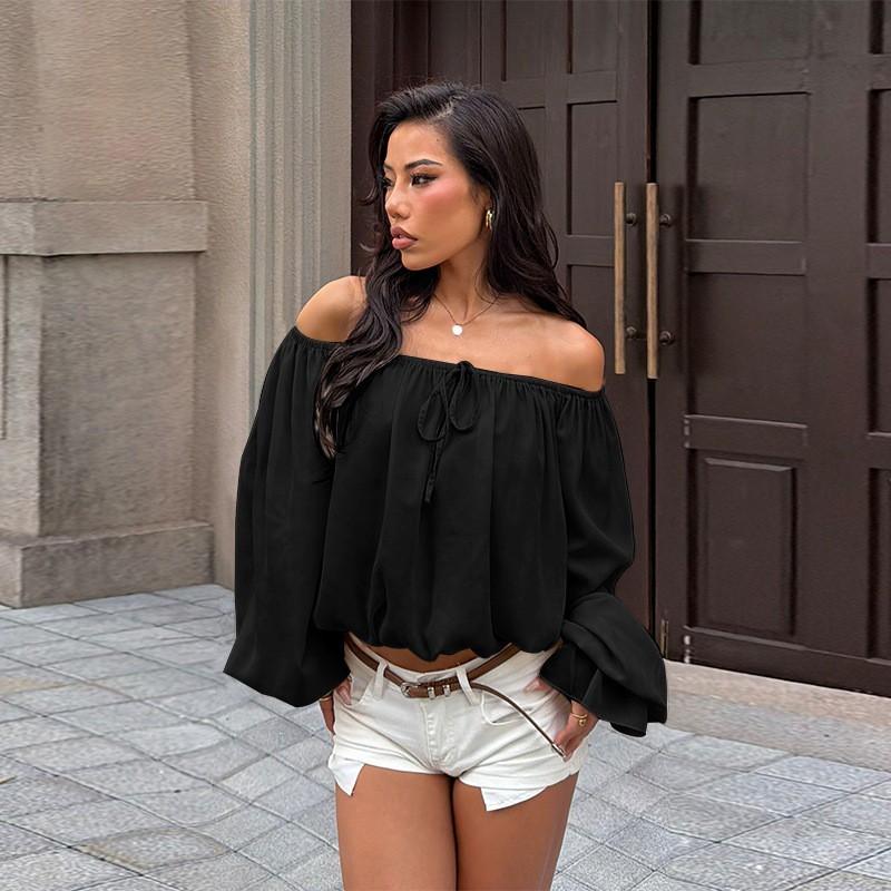 Womens Off Shoulder Long Sleeve Top Lantern Tie Waist Loose Fit 2025 Street Style Sexy Solid Color