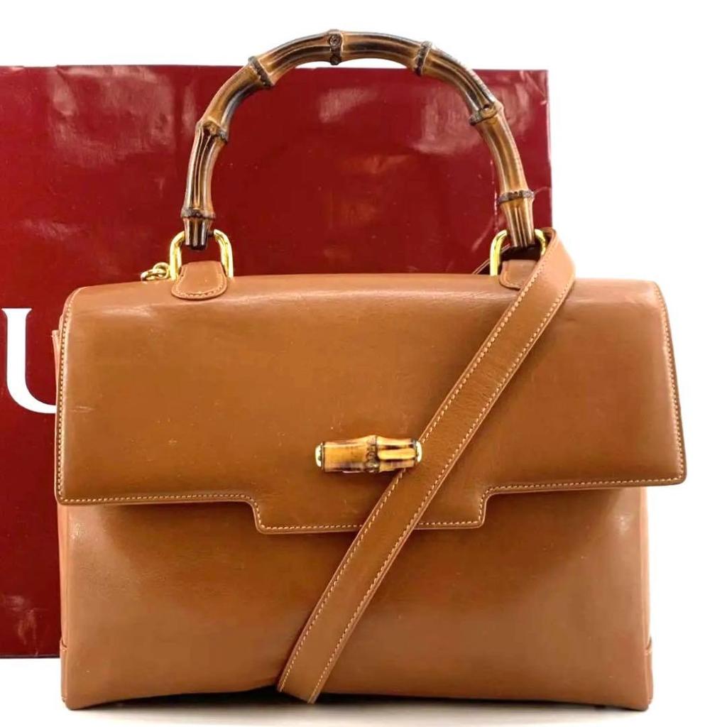 OLD GUCCI Bamboo 2way Handbag Shoulder Crossbody Bag Top-Handle Brown Gold Hardware Leather