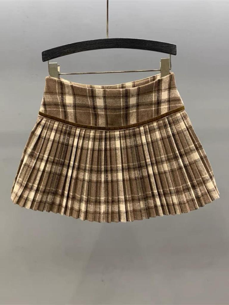 Women's High Waist Plaid Wool Skirt - Spring 2025 College Style Petite Skirt