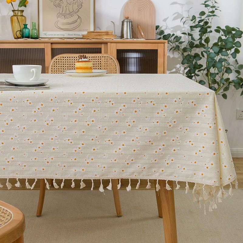 Tassel Trim Linen Floral Tablecloth Daisy Pattern Pastoral Style Tea Table Cover Lightweight Fresh Table Cover