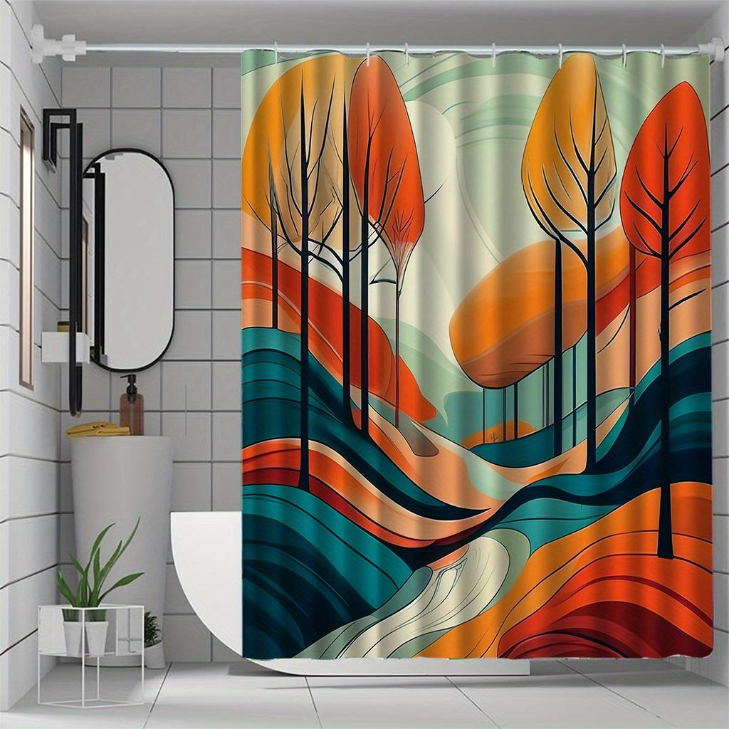 Elegant Polyester Shower Curtain - Vibrant Abstract Tree Design,Rich Palette Of Orange, Red, Green & Blue, All-Season Bath Decor