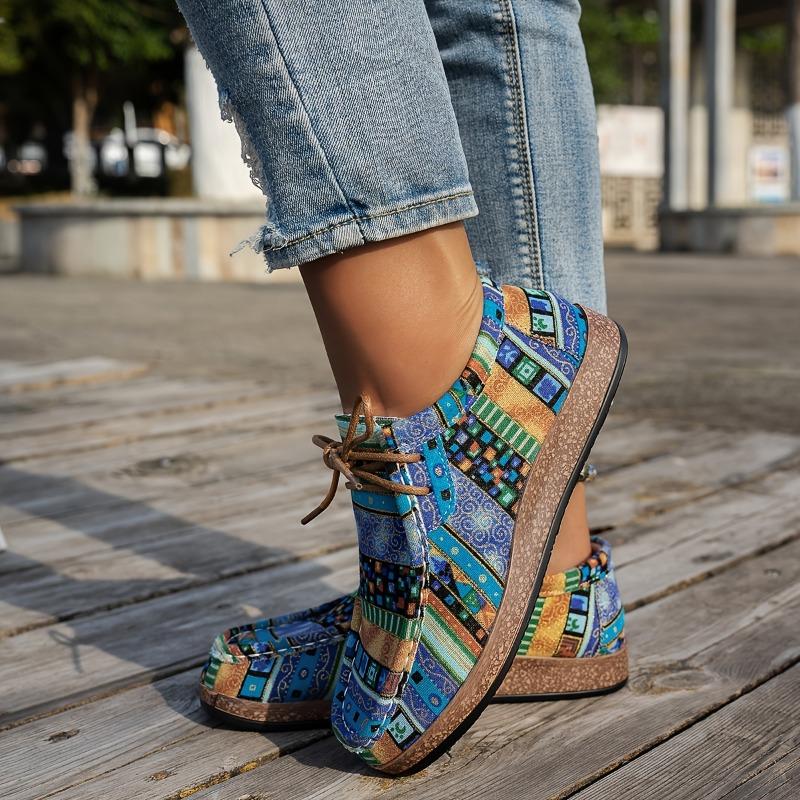 Large Size Ethnic Style Casual Single Shoes Women's Colorful Lace Up Graffiti Low Canvas Shoes Wooden Thick Bottom