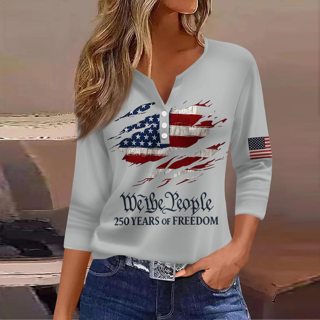Women's T Shirt Independence Day Print Button 3/4 Sleeve Daily Weekend Fashion Basic V- Neck Regular Top