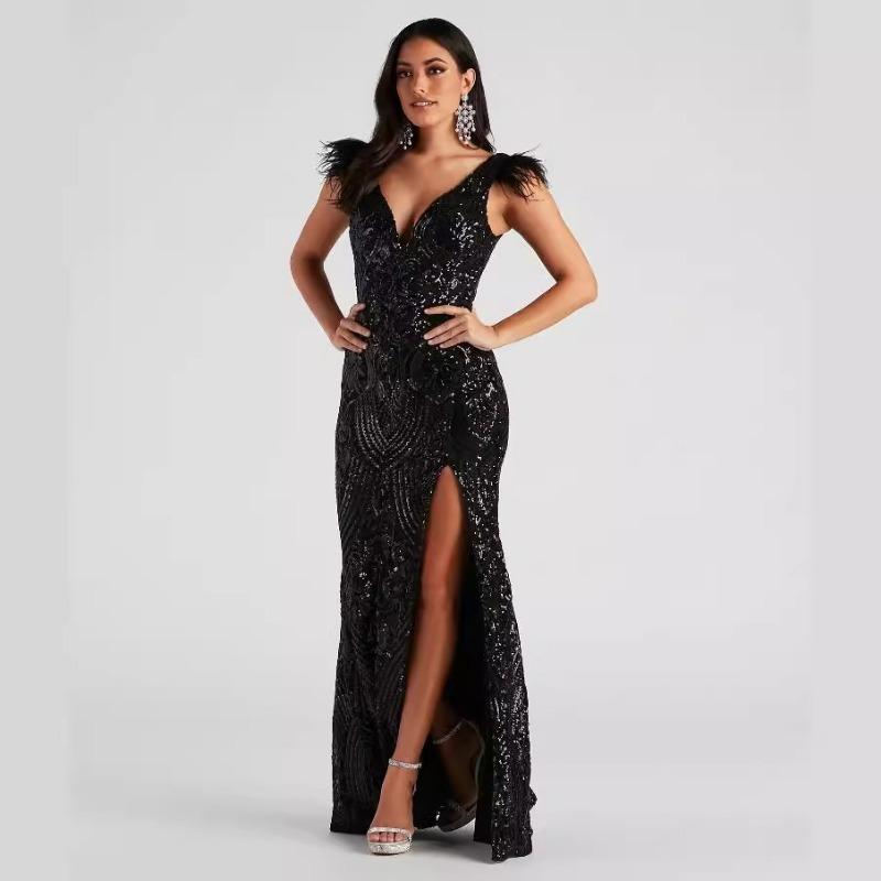 Women Black Slim Sequined Evening Banquet Party Long Dress