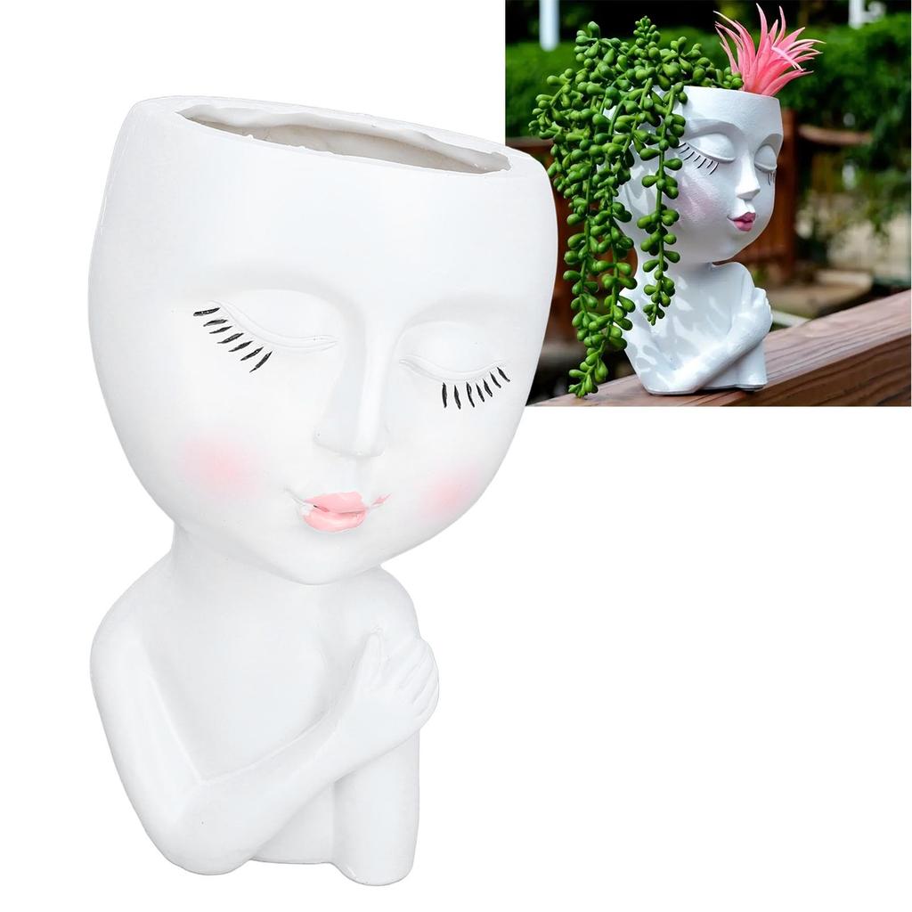 Face Flower Pot Eyes Closing Girl High Density Resin Drainage Hole Multi Purpose Head Planter Pot for   Garden Home